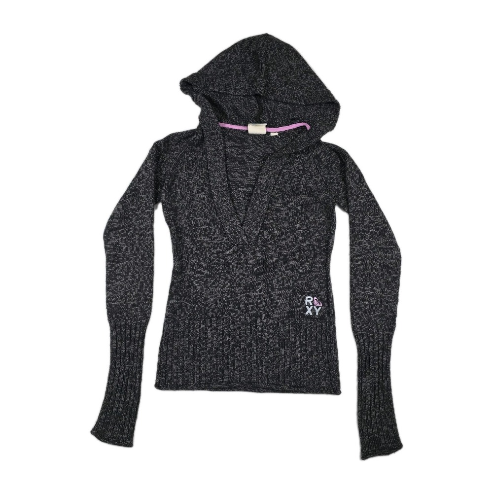 Roxy Y2K Juniors Women's Size Small Gray V Neck‎ Knit Hoodie Sweater